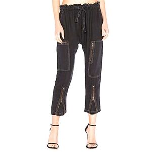 Current Elliott Harem Zip Cargo Pants Size 1=S Black 100% Linen Drop Crotch